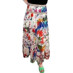 CAMILLA Shirred Waist Tiered Circle Skirt Women's Size Medium Silk Colorful Glam